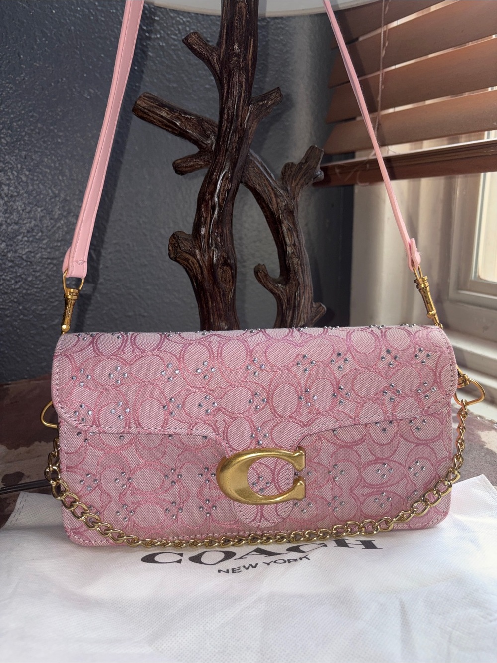 Coach Pink Signature Crystal-Accented Crossbody Bag with Gold C